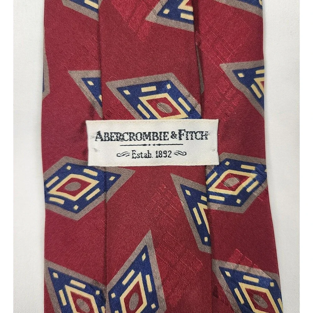 Vintage Abercrombie & Fitch Italian Silk Tie Red Gold Diamond Geometric Evil Eye